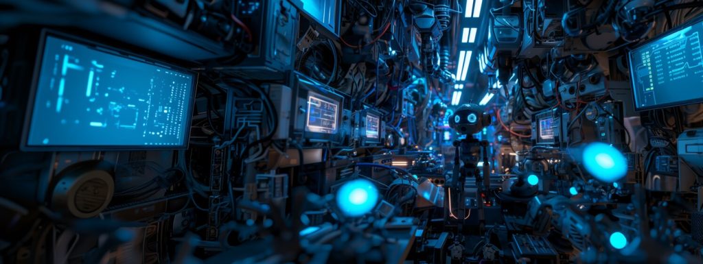 Wide shot of a Confused Robot in a cluttered computer lab