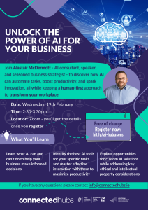 Promotional poster for the 'Unlock the Power of AI for Your Business' online event featuring Alastair McDermott. The poster includes event details such as date, time, registration link, and key topics covered in the session.